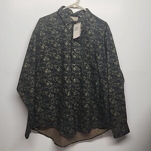 Natural Issue sz XL dark green leaf pattern long sleeve button-down shirt